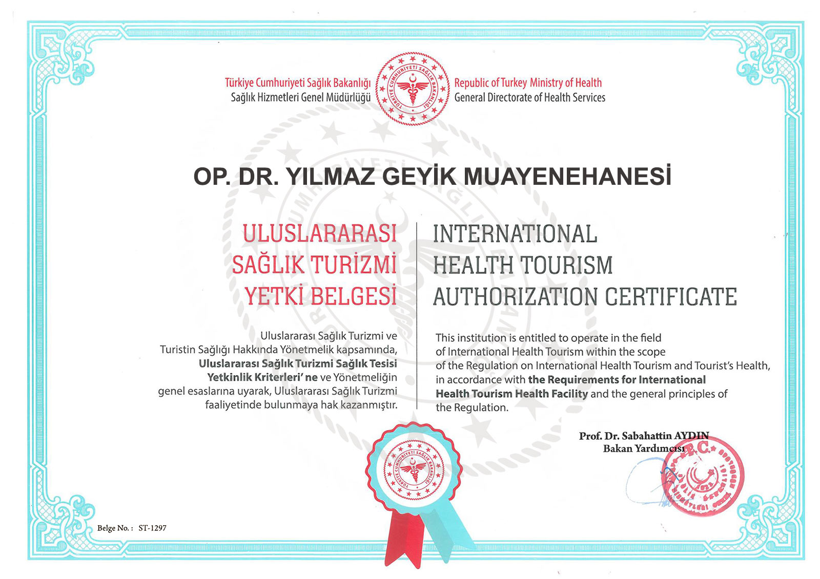 Yılmaz Geyik Sağlık Turizmin Yetki Belgesi